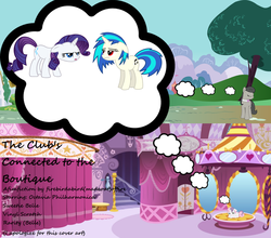 Size: 2532x2228 | Tagged: safe, artist:firebirdabirdoffire, dj pon-3, octavia melody, rarity, sweetie belle, vinyl scratch, pony, unicorn, g4, carousel boutique, cover art, female, filly, foal, mare, ponyville, the club's connected to the boutique, thought bubble