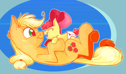Size: 2182x1280 | Tagged: safe, artist:graystripe64, apple bloom, applejack, earth pony, pony, g4, adorabloom, baby, baby apple bloom, baby pony, boop, cute, diaper, ear fluff, female, filly, foal, jackabetes, noseboop, on back, open mouth, profile, sibling love, siblings, sisterly love, sisters, younger