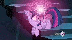 Size: 800x450 | Tagged: safe, screencap, twilight sparkle, pony, unicorn, g4, season 3, the crystal empire, all new, animated, bent over, cute, ear flick, female, glowing horn, horn, horses doing horse things, hub logo, i watch it for the ears, leaning, logo, magic, mare, smiling, solo, text, the hub, twiabetes, unicorn twilight