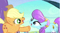 Size: 598x336 | Tagged: safe, screencap, applejack, sapphire joy, crystal pony, earth pony, pony, g4, season 3, the crystal empire, animated, background pony, blinking, cowboy hat, cute, eye contact, female, hat, head tilt, jackabetes, looking at each other, mare, open mouth, raised hoof, silly, silly pony, smiling, stetson, who's a silly pony