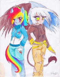 Size: 766x988 | Tagged: dead source, safe, artist:yuji8sushi, gilda, rainbow dash, griffon, pegasus, anthro, g4, ambiguous facial structure, clothes, cutie mark on clothes, traditional art