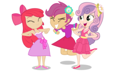 Size: 2920x1643 | Tagged: safe, artist:prettycupcakes, edit, apple bloom, scootaloo, sweetie belle, equestria girls, g4, my little pony equestria girls, clothes, cutie mark crusaders, dress, human coloration, recolor, simple background, skirt, transparent background, vector