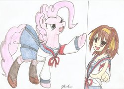 Size: 900x645 | Tagged: safe, artist:stardustchild01, pinkie pie, g4, crossover, melancholy of haruhi suzumiya, traditional art, xk-class end-of-the-world scenario