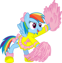 Size: 6000x6015 | Tagged: safe, artist:yetioner, rainbow dash, pegasus, pony, g4, absurd resolution, bipedal, bow, cheerleader, clothes, female, hair bow, mare, open mouth, pom pom, simple background, skirt, solo, tail bow, tomboy taming, transparent background, vector