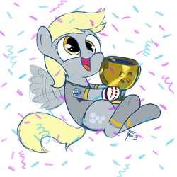 Size: 800x800 | Tagged: safe, artist:aa, derpy hooves, pegasus, pony, g4, /mlp/, 4chan, 4chan babby cup, 4chan cup, babby cup, buzzing wings, clothes, confetti, cute, derp, derpabetes, female, football, futbol, happy, jersey, mare, mvp, safest hooves, socks, solo, sports, trophy, victory, winner