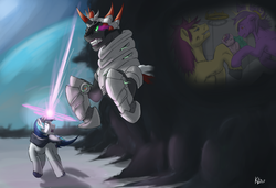 Size: 3491x2389 | Tagged: safe, artist:keilink, king sombra, princess cadance, shining armor, oc, umbrum, g4, dark magic, epic, fight, foal, magic, parent, shadow, sombra eyes, younger