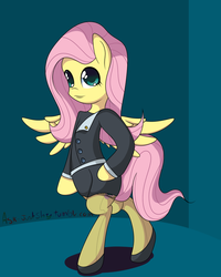 Size: 800x1000 | Tagged: safe, artist:flailingandflailing, fluttershy, g4, clothes, female, solo, stockings, suit