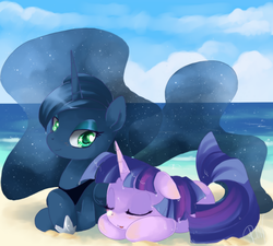 Size: 800x720 | Tagged: dead source, safe, artist:loyaldis, princess luna, twilight sparkle, pony, g4, beach, female, heart eyes, ship:twiluna, shipping, wet, wingding eyes