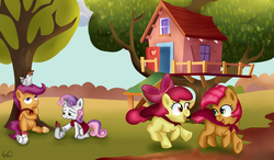 Size: 2060x1200 | Tagged: safe, artist:lydia-rawr, apple bloom, babs seed, scootaloo, sweetie belle, chicken, g4, cape, clothes, clubhouse, crusaders clubhouse, cutie mark crusaders, scootachicken, scootaloo is not amused