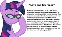 Size: 1350x800 | Tagged: source needed, safe, edit, twilight sparkle, g4, female, glasses, love and tolerance, solo, text