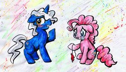 Size: 1024x580 | Tagged: safe, artist:rastaquouere69, pinkie pie, pokey pierce, g4, balloon, balloon popping, crying, embarrassed, sad, traditional art