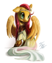 Size: 800x973 | Tagged: safe, artist:tsitra360, fluttershy, g4, clothes, dress, flower, flower in hair, hippieshy