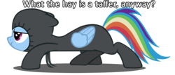 Size: 1000x432 | Tagged: safe, rainbow dash, pegasus, pony, g4, catsuit, garret, garrett, image macro, inverted mouth, simple background, sneaking, sneaking suit, solo, taffer, thief, thief (video game)