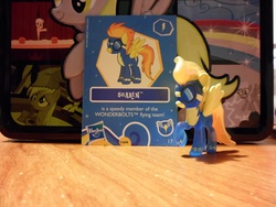 Size: 4608x3456 | Tagged: safe, derpy hooves, soarin', spitfire, pegasus, pony, g4, collector card, error, female, figure, mare, prepress error, toy, you had one job