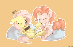 Size: 1000x649 | Tagged: safe, artist:mlpanon, fluttershy, pinkie pie, pony, g4, bondage, chinese, cute, female, happy bondage, hoof fetish, hoof licking, hoof tickling, lesbian, licking, one eye closed, pillow, rope, ship:flutterpie, shipping, tickling