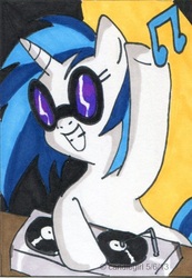 Size: 374x542 | Tagged: safe, artist:candlgirlbmk, dj pon-3, vinyl scratch, g4, female, music notes, solo, traditional art, turntable