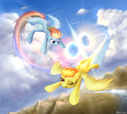 Size: 2000x1793 | Tagged: dead source, safe, artist:mlpanon, rainbow dash, spitfire, g4, cloud, cloudy, flying, sonic rainboom
