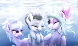 Size: 2000x1197 | Tagged: safe, artist:mlpanon, cloudchaser, flitter, rumble, pegasus, g4, bow, colt, cute, eyes closed, female, foal, male, mare, one eye closed, trio, underwater