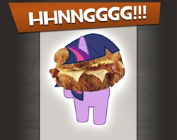 Size: 900x715 | Tagged: safe, artist:syntaxbananaz, twilight sparkle, chicken, g4, bacon, cheese, cheese hat, double down, filly, food, hat, inception, kfc, meme, sliced cheese, team fortress 2