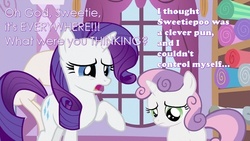 Size: 994x559 | Tagged: safe, edit, edited screencap, screencap, rarity, sweetie belle, pony, unicorn, g4, female, filly, image macro, implications, mare, sweetiepoo, text