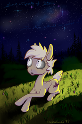 Size: 1050x1575 | Tagged: safe, artist:shunka warakin, oc, oc only, oc:forty winks, concave belly, emaciated, grass, mare in the moon, night, reflection, skinny, solo, spine, stargazing, thin