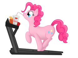 Size: 1280x960 | Tagged: safe, artist:8aerondight8, pinkie pie, earth pony, pony, g4, chubby, drink, exercise, failed workout, fast food, fat, female, food, french fries, solo, treadmill