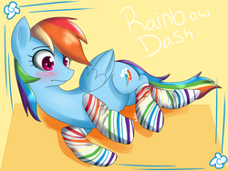 Size: 1600x1200 | Tagged: safe, artist:annakitsun3, rainbow dash, g4, blushing, clothes, female, rainbow socks, socks, solo, striped socks