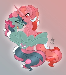 Size: 1050x1200 | Tagged: safe, artist:joakaha, fizzy, galaxy (g1), twinkle eyed pony, g1, g4, blushing, cute, eyes closed, female, fizzybetes, g1 to g4, generation leap, lesbian, mare, one eye closed, open mouth, open smile, ship:fizzlaxy, signature, smiling