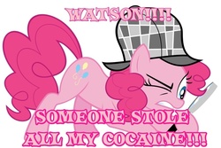 Size: 900x600 | Tagged: safe, artist:otfor2, edit, pinkie pie, earth pony, pony, g4, cocaine, drugs, junkie pie, sherlock holmes, simple background, solo, text, vector, white background