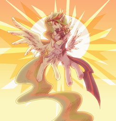 Size: 961x1000 | Tagged: safe, artist:kolshica, princess celestia, twilight sparkle, alicorn, pony, g4, female, flying, jewelry, mare, summer sun celebration, sun, tiara, twilight sparkle (alicorn)