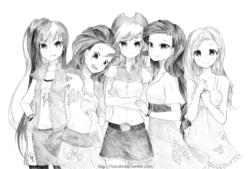 Size: 921x624 | Tagged: safe, artist:tsurukinoki, applejack, fluttershy, pinkie pie, rainbow dash, rarity, human, g4, grayscale, humanized, monochrome