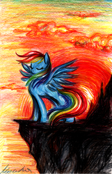 Size: 550x852 | Tagged: safe, artist:buttersprinkle, rainbow dash, pegasus, pony, g4, cliff, eyes closed, female, solo, spread wings, traditional art, wings