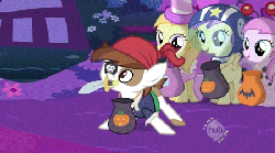 Size: 451x252 | Tagged: safe, screencap, alula, noi, pipsqueak, piña colada, pluto, earth pony, pony, g4, luna eclipsed, animated, background pony, bag, balancing, bandana, colt, costume, cute, eyepatch, eyes closed, falling, filly, foal, helmet, hub logo, hubble, male, mouth hold, nightmare night, pirate, squeakabetes, sword, the hub, trick or treat, wide eyes