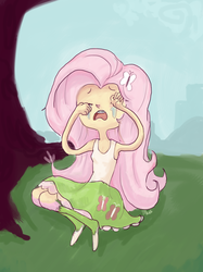 Size: 1124x1500 | Tagged: safe, artist:twitchykismet, fluttershy, equestria girls, g4, adventure time, braces, crying, eyes closed, female, humanized, male, sad, solo, style emulation