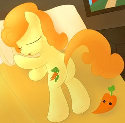 Size: 1178x1162 | Tagged: safe, artist:numel, carrot top, golden harvest, g4, bed, carrot, cute, cutie top, female, sleeping, solo