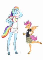 Size: 700x965 | Tagged: safe, artist:carnifex, rainbow dash, scootaloo, horse, anthro, unguligrade anthro, g4, hoers, hooves