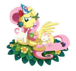 Size: 996x937 | Tagged: safe, artist:circustent, fluttershy, bird, blue jay, butterfly, cardinal, frog, mouse, pegasus, pony, rabbit, squirrel, g4, animal, flower, one eye closed, prone, resting, simple background, sleeping, transparent background