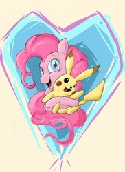 Size: 717x987 | Tagged: safe, artist:jazzteeth, pinkie pie, pikachu, g4, crossover, hug, pokémon