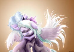 Size: 2000x1413 | Tagged: safe, artist:mlpanon, cloudchaser, flitter, g4, crying, hug, sad