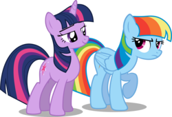 Size: 6792x4612 | Tagged: safe, artist:austiniousi, rainbow dash, twilight sparkle, pegasus, pony, unicorn, g4, absurd resolution, alternate hairstyle, alternate tailstyle, duo, duo female, egghead, egghead dash, female, hilarious in hindsight, manebow sparkle, mare, reading rainboom, show accurate, simple background, tail, transparent background, unicorn twilight, vector