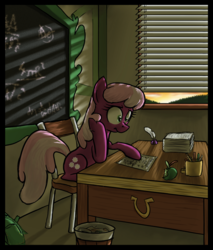 Size: 783x920 | Tagged: safe, artist:paper-pony, cheerilee, earth pony, pony, g4, apple, chalkboard, female, food, inkwell, interior, mare, quill, scrunchy face, solo, sunset, working