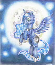 Size: 2050x2431 | Tagged: safe, artist:evomanaphy, princess luna, g4, blue, evomanaphy, female, moon, pencil drawing, royalty, solo, traditional art
