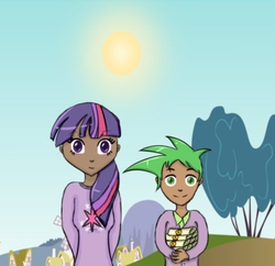 Size: 400x387 | Tagged: safe, artist:ilovebrunomarso, spike, twilight sparkle, g4, dark skin, humanized, scroll