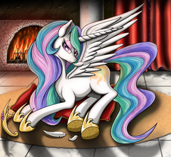 Size: 1200x1100 | Tagged: safe, artist:nalesia, princess celestia, alicorn, pony, g4, bedroom eyes, crown, eyeshadow, feather, female, fireplace, looking at you, mare, pillow, preening, prone, smiling, solo, spread wings