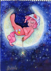 Size: 5100x7002 | Tagged: safe, artist:czbaterka, pinkie pie, earth pony, pony, g4, absurd resolution, eyes closed, female, hat, mare, moon, nightcap, sleeping, solo, traditional art