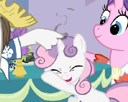 Size: 400x319 | Tagged: safe, screencap, cookie crumbles, hondo flanks, sweetie belle, pony, unicorn, g4, sisterhooves social, animated, bipedal, bipedal leaning, clothes, cute, diasweetes, eyes closed, female, filly, flower, hat, leaning, male, mare, noogie, open mouth, out of context, petting, rarity's parents, ship:cookieflanks, shirt, smiling, smoke, stallion