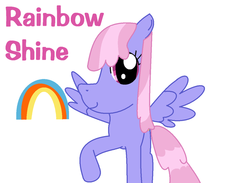 Size: 900x659 | Tagged: safe, artist:kiarakovu123, rainbowshine, pegasus, pony, g4, background pony, cute, cutie mark, female, mare, multicolored hair, multicolored mane, multicolored tail, pink eyes, pink text, rainbow, rainbowdorable, raised hoof, simple background, smiling, solo, tail, text, white background