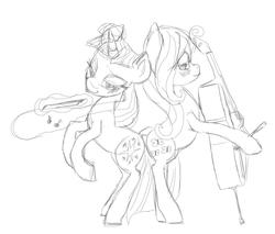 Size: 1025x872 | Tagged: dead source, safe, artist:buttercupsaiyan, fluttershy, twilight sparkle, g4, female, lesbian, magic, monochrome, musical instrument, ship:twishy, shipping