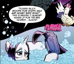 Size: 424x364 | Tagged: safe, idw, official comic, rarity, chicken, pony, unicorn, g4, micro-series #3, my little pony micro-series, spoiler:comic, bath, bedroom eyes, butt, female, mare, plot, rearity, soap, sultry pose, wet, wet mane, wet mane rarity