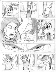 Size: 1158x1500 | Tagged: safe, artist:dj-black-n-white, rainbow dash, oc, oc:anon, human, pegasus, pony, comic:tsundere rainbow dash, g4, comic, monochrome, romance, traditional art